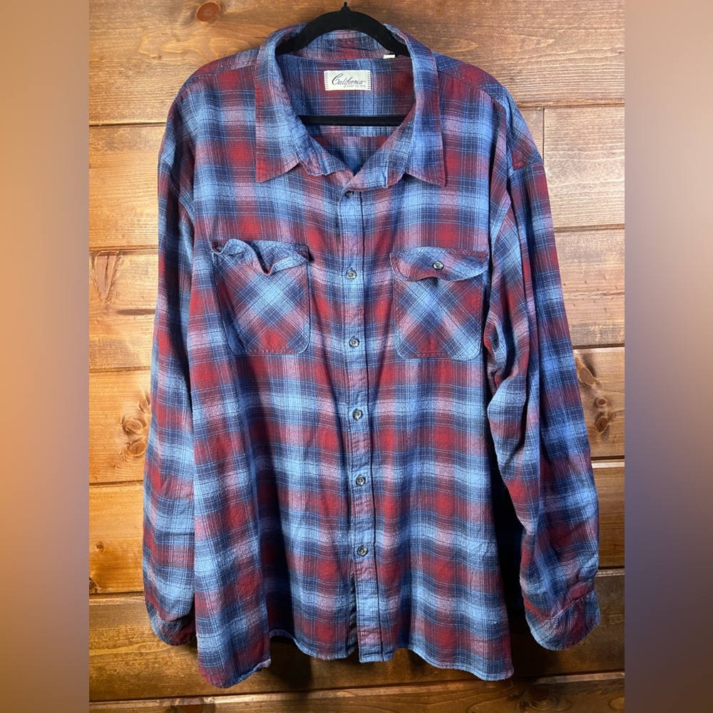 California Shirt Co. Flannel Plaid Button-Down Shirt in Blue and Red